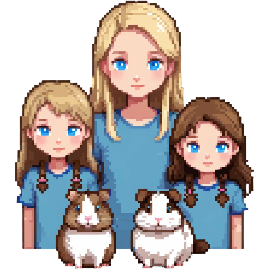 Family portrait with father with dark brown hair and blue eyes, mother with light brown hair and blue eyes, three blonde little girls with blue eyes, plus a grey cat and two guinea pigs emoji