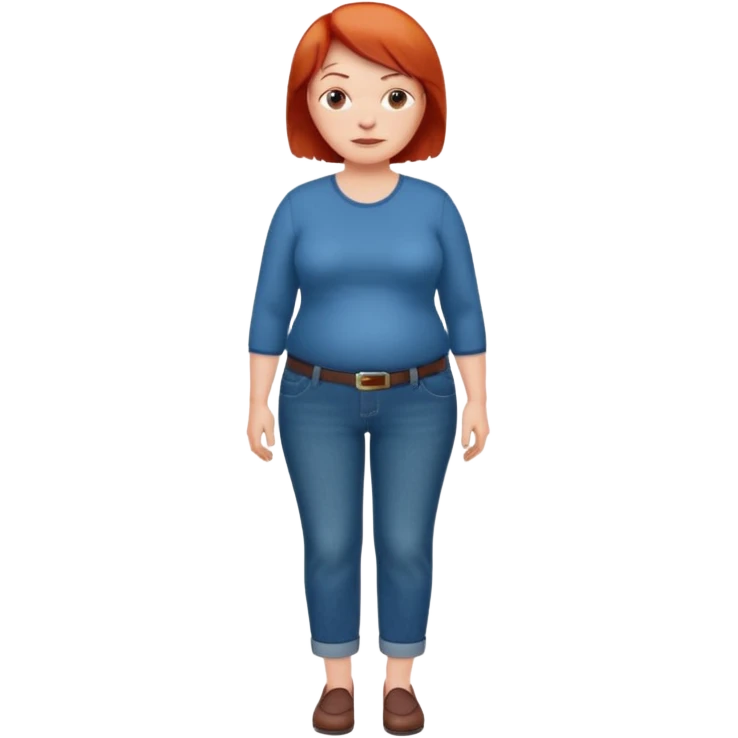 Lazy old Short woman with straight short red hair and fat tummy..wears business casual jeams and full sleeve  tshirt emoji