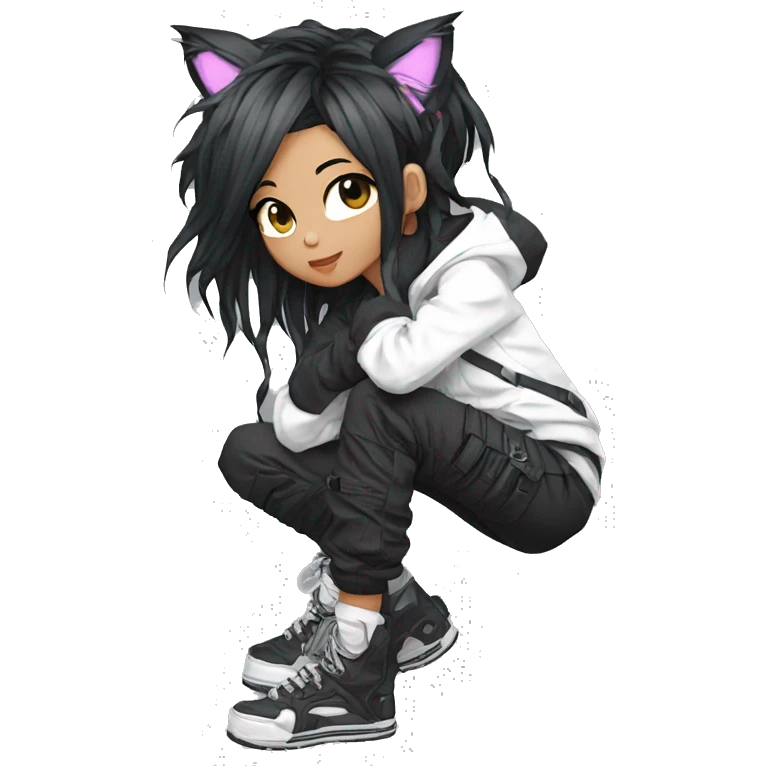 Edgy beautiful pretty anime punk tomboy with cat ears techwear cargo pants hoodie emoji
