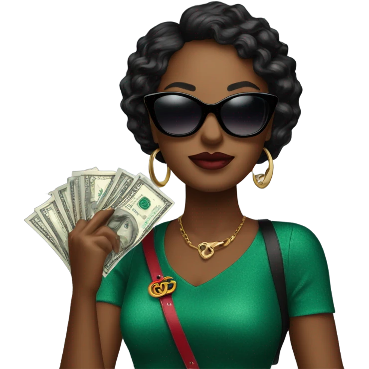 Create a black diva with sunglasses on holding a Gucci bag with money emoji