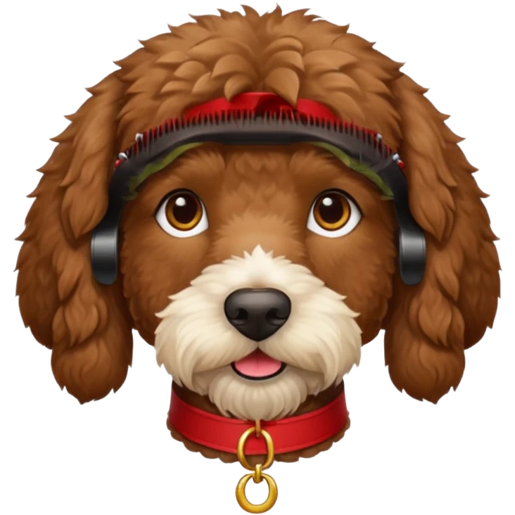 dark brown goldendoodle with straight fur and a red collar emoji