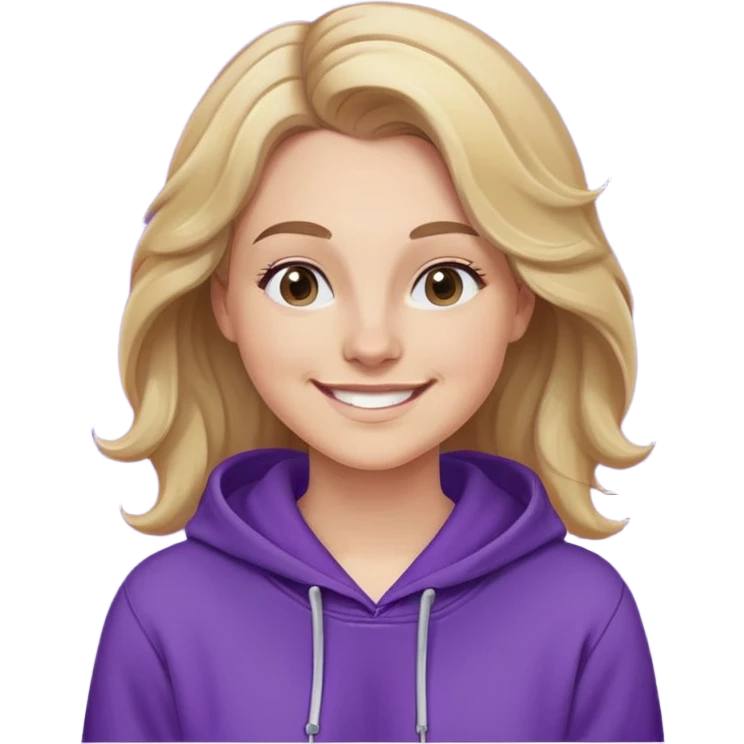 Mujer caucasian, cara redonda, cejas suaves, pelo ondulado castaño claro con puntas rubias, raya al lado. Sonrisa amplia, expresión feliz. Hoodie lila puesta emoji