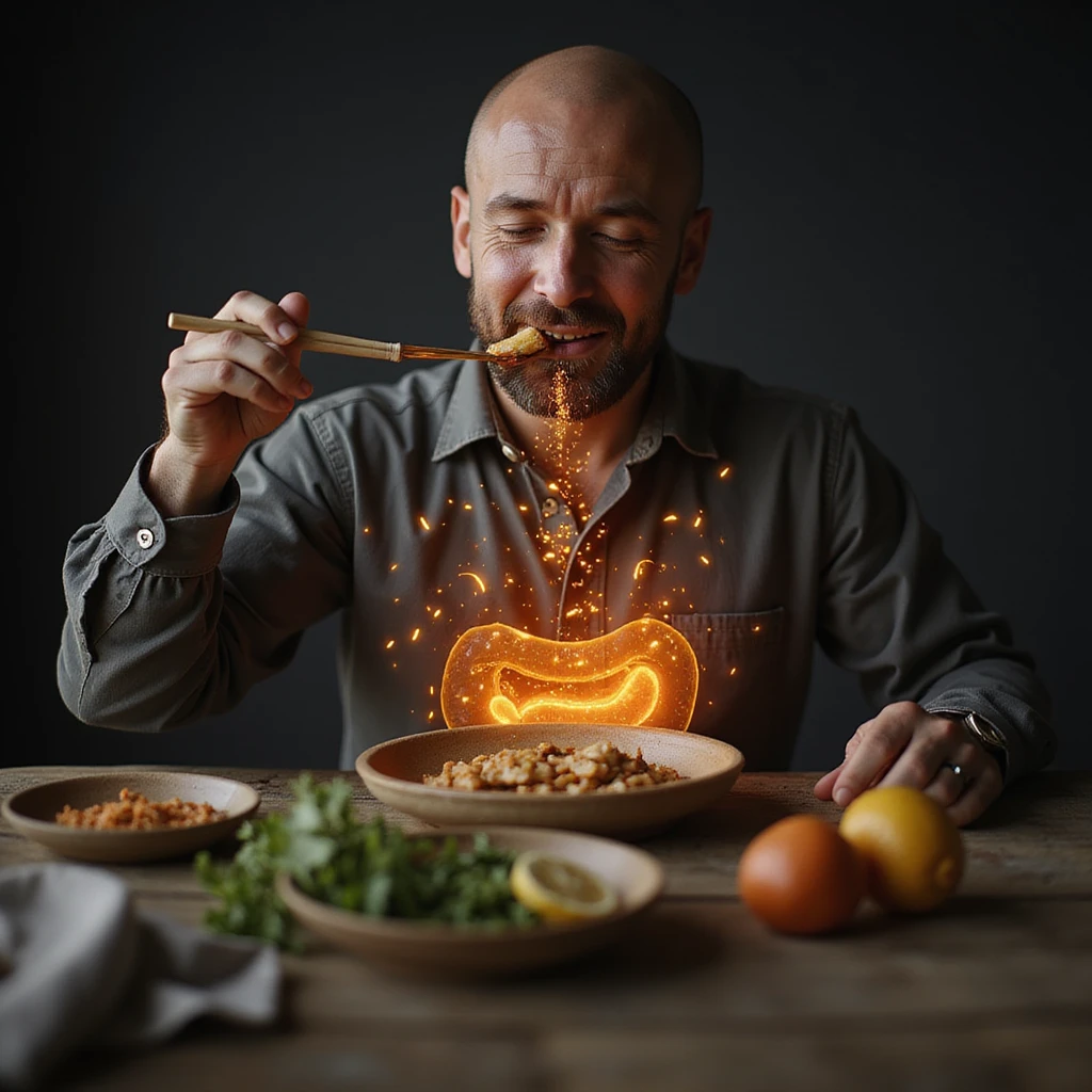 hyperrealistic 4K image of a man eating slowly, food emits glowing trails of nutrients, gut microbiome illustrated as happy characters, Zen table setting, reference image for face emoji