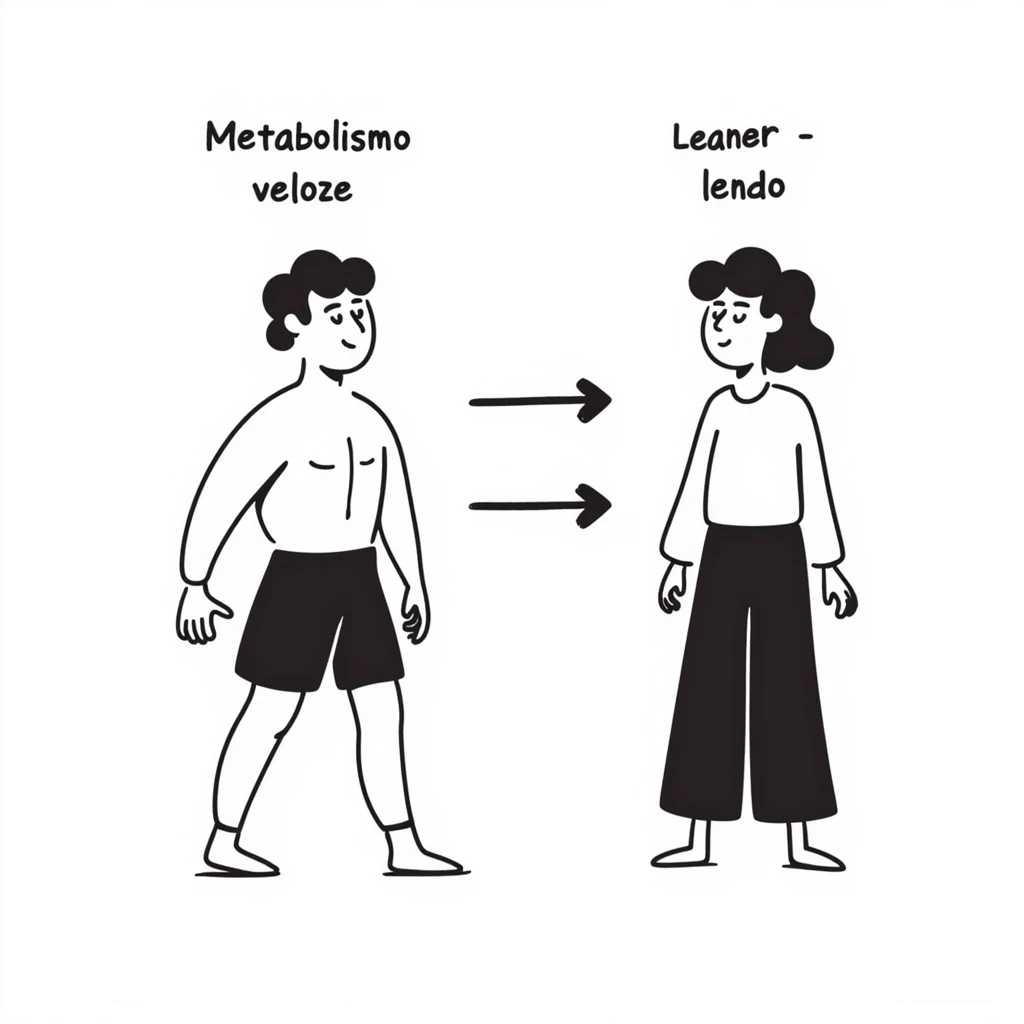 Illustrazione didattica: confronto tra corpo muscoloso e corpo magro con pochi muscoli, frecce che indicano “Metabolismo veloce” e “Metabolismo lento”, testo in italiano. emoji