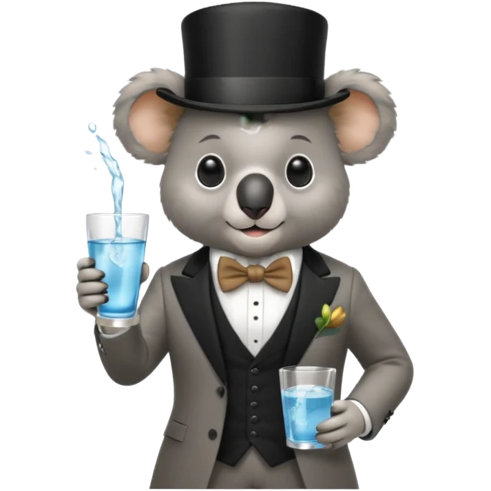 koala wearing suit, bowtie and top hat, holding glass of water emoji