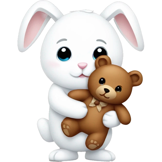 White bunny holding a brown teddy bear emoji