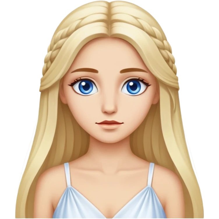 Rubia, ojos azules blanca , pelo largo y un vestido largo blanco  emoji