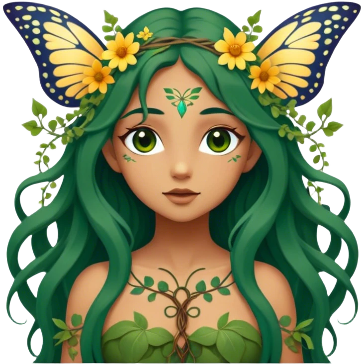 Cinematic Realistic Forest Nymph Fairy Portrait, depicted with lifelike, sun-kissed tanned skin that radiates an earthy glow, softly illuminated by natural, dappled light. Her long, flowing dark green hair is intricately detailed and interwoven with delicate vines and wildflowers, while her deep, soulful eyes mirror the wisdom of the forest. Dressed in an attire inspired by nature’s palette—with subtle botanical motifs—the portrait exudes a soft, enchanted glow that melds realism with woodland magic showing her large butterfly wings. emoji