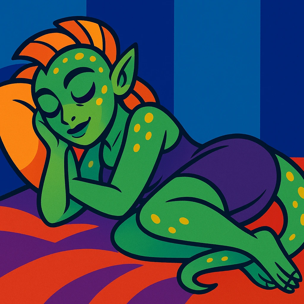 a Reptilian alien woman, full body, sleeping, stylized, vibrant toon style, creative interpretation emoji