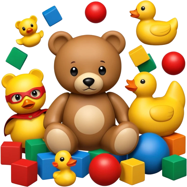 colorful children's toys scattered - teddy bear, yellow duck, wooden blocks, red ball, superhero figure emoji