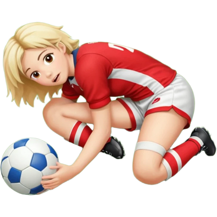 Chica de pelo rugby tirada en el suelo de un campo de rugby boca abajo agarrando un balón con las manos vestida con una equipación de color rojo y blanco con líneas y con unas botas de tacos de fútbol, con un bucal en la boca emoji
