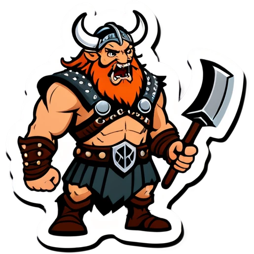 vikingo, con cuerno de vaca, pelo negro ondulado, de pie, grito de guerra en torre de Asgard. emoji