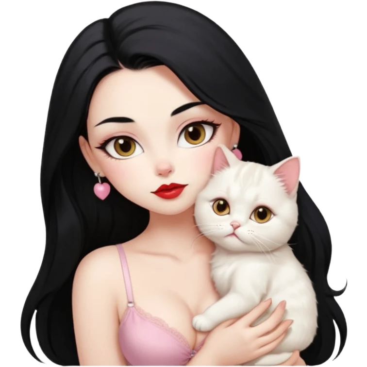 Beautiful Girl Long Hair black, Brows Big , Skin White, bra Pale Pink , Big Red Lips, EyesCoffe , kiss Little baby Persa Cream Cat With Cute Eyes emoji