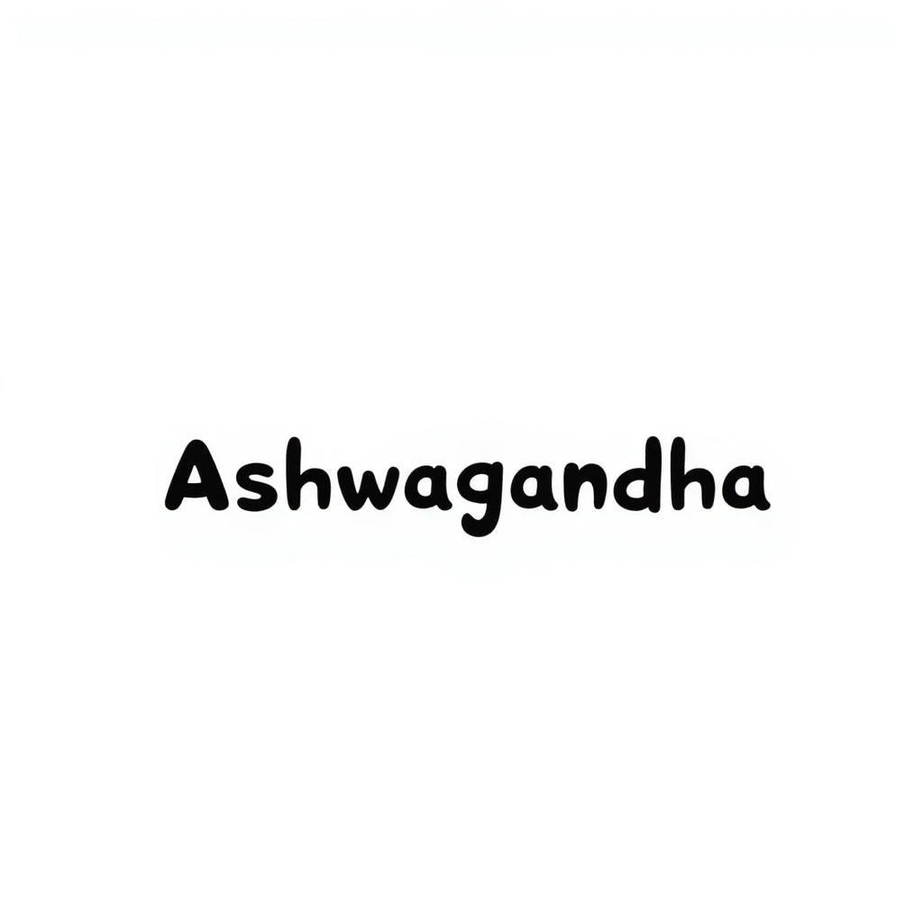 The word "Ashwagandha" hand-drawn in a simple style with minimal colors. The text should be clean and readable with just a few essential color accents. emoji