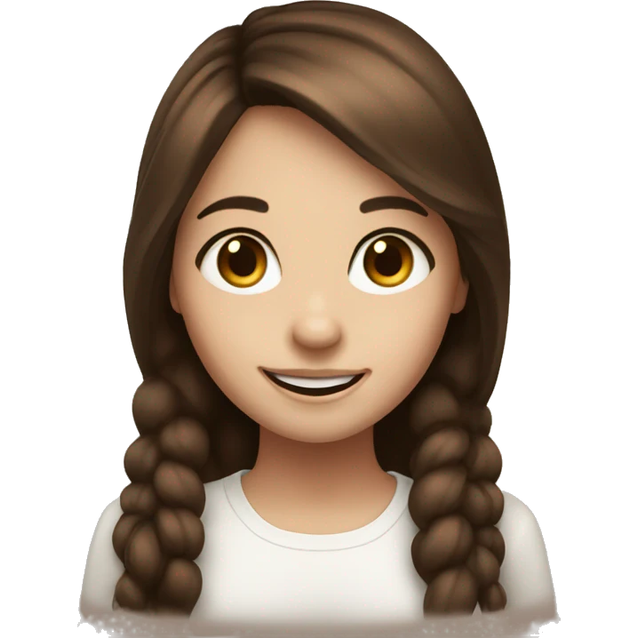 A sweet smiling girl with white skin and brown eyes touches her brown hair emoji