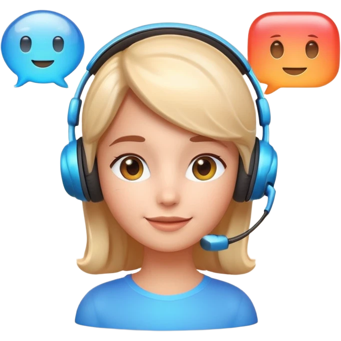 friendly face with headset, chat bubble beside, 3D rounded look, glossy finish, soft shadow, helpful expression, Apple lighting and gradients emoji