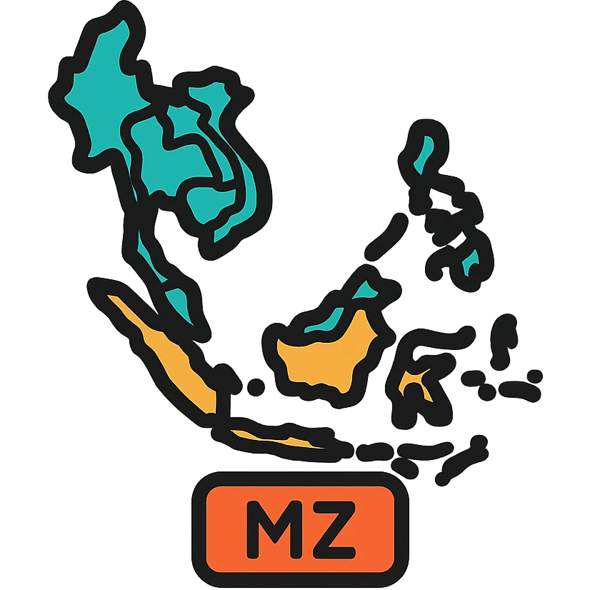 Southeast Asia map zone, modern, bold colors, labeled MZ, icon or logo style emoji