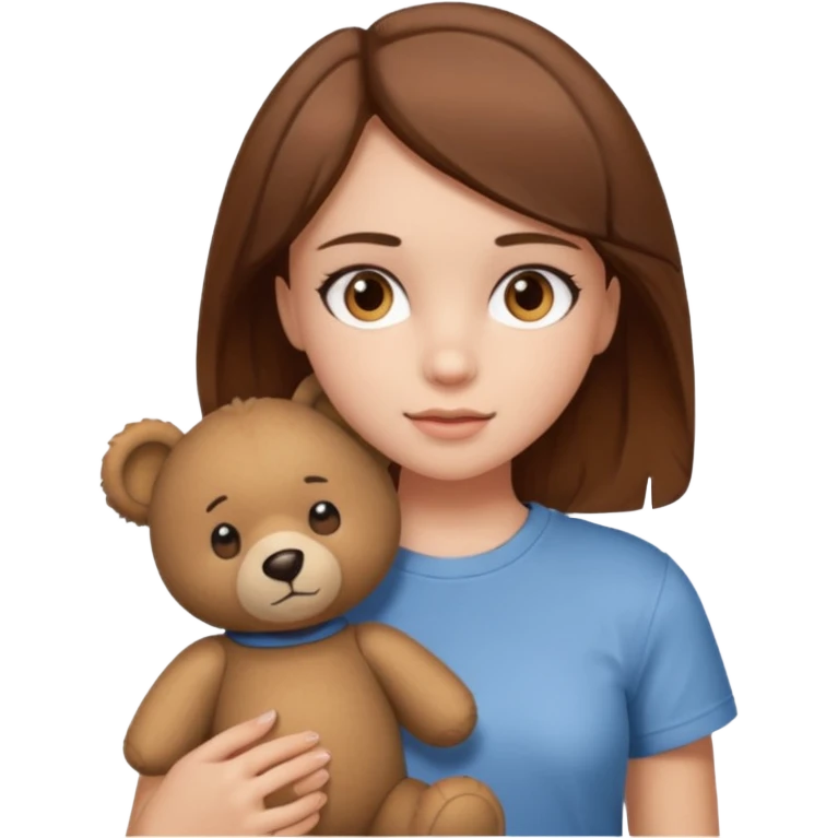 A Girl with Brown hair and Brown eyes with a t-shirt of a Teddy bear emoji