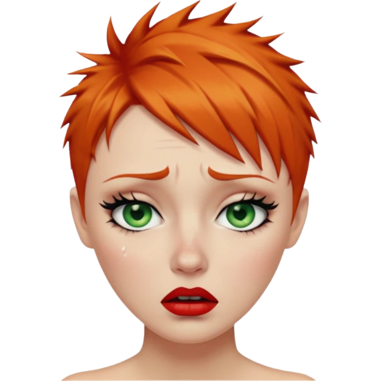 Short spikey Ginger hair, green eyes, black long eye lashes large red lips White woman crying tears on face emoji