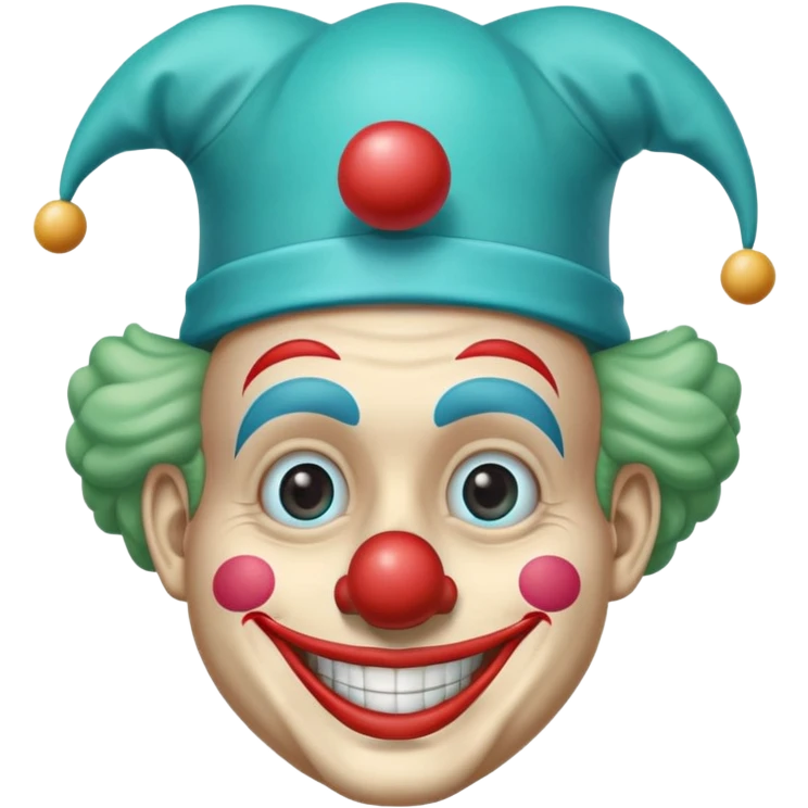 Chú hề, đội mũ chú hề cao xanh nước biển, cười tươi, khuôn mặt dài, 25 tuổi emoji