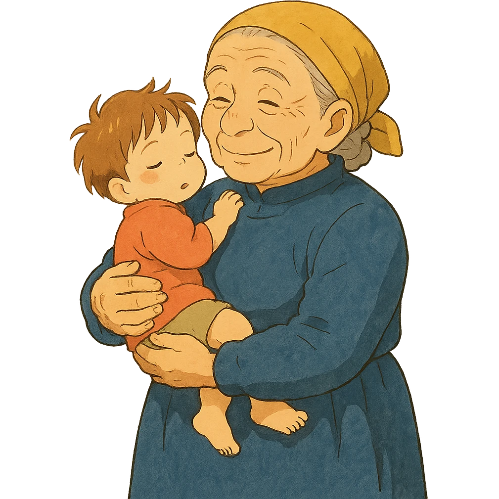 ghibli style old person holding a child in their arms emoji