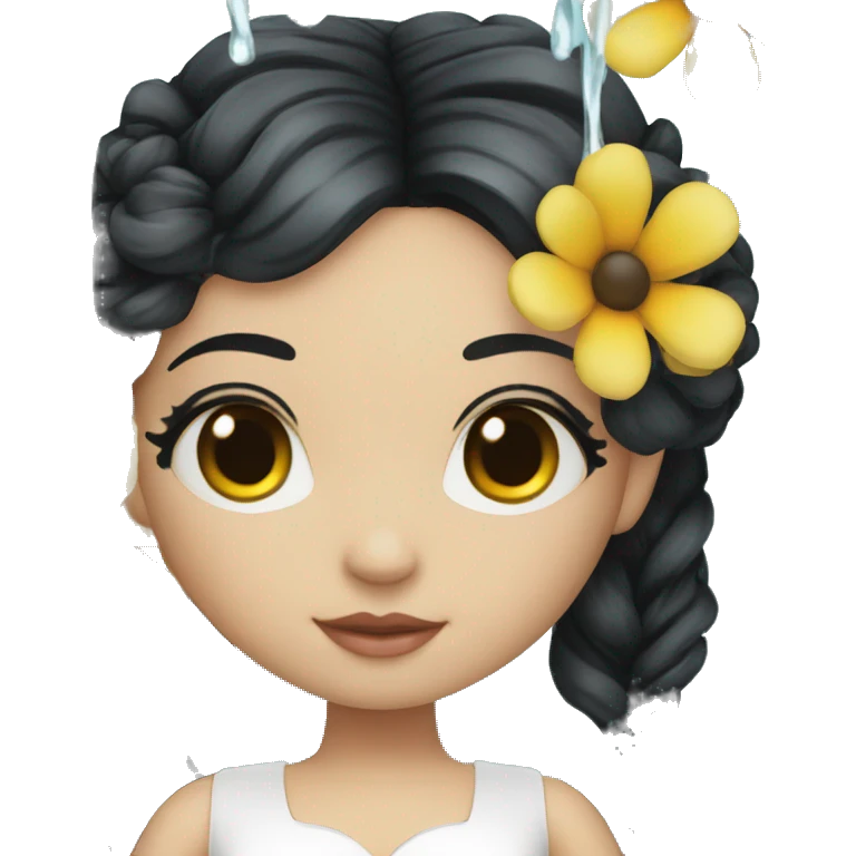 Pretty young Lady doll with black hair flowers in hair white dress surrounded by flowing water emoji