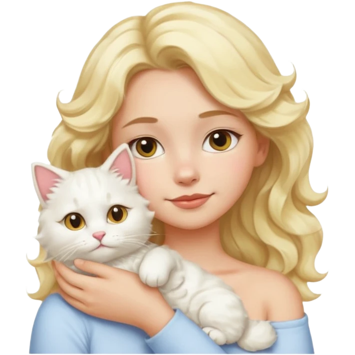 a girl with wavy blonde hair, a white fluffy cat lying on her left shoulder and neck, emoji style emoji