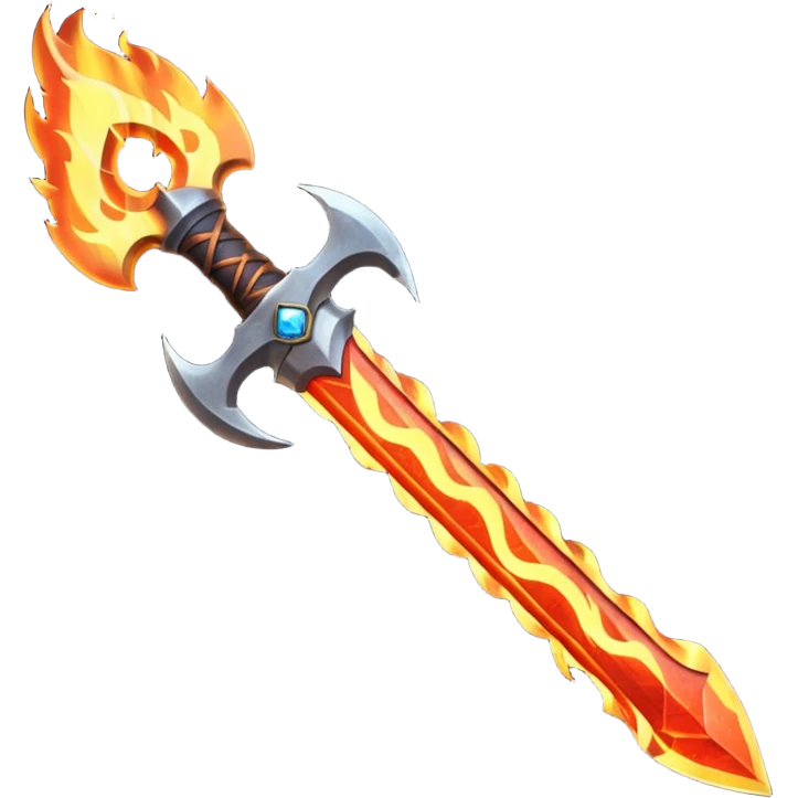 fire guardian sword object icon, flaming blade, glowing lava runes, ember sparks, fantasy weapon, 3D cartoon, mobile game icon style, centered, clean background, no text, no watermark
 emoji