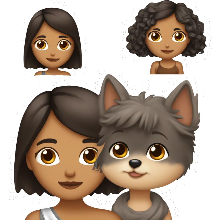 mulher morena olhos castanhos cabelo castanho no ombro pele bege clara com um cachorro yorkshire caramelo preto e branco orelhas pra cima  emoji
