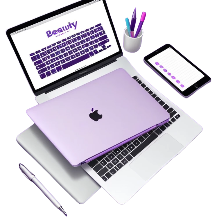 top view of a MacBook and a notebook with a pen nearby, notebook with visible notes, MacBook screen showing a beauty salon logo on a purple background emoji