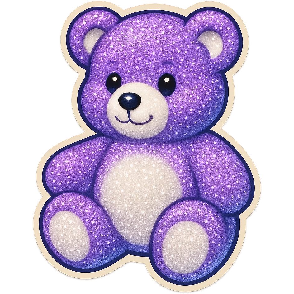 Add a glitter effect to the purple and white teddy bear's fur, keep it soft and plush, no shadows, flat lighting, no background. emoji