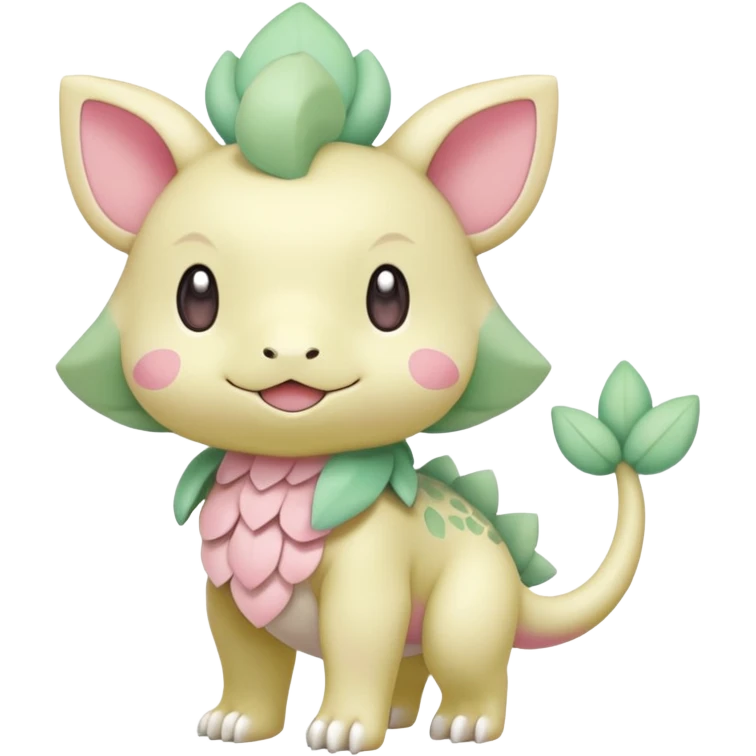 Pastel yellow beige and pastel greens and pinks rosy blushing cute kawaii Inteleon-Pokémon-Amaura-fusion (full body) emoji