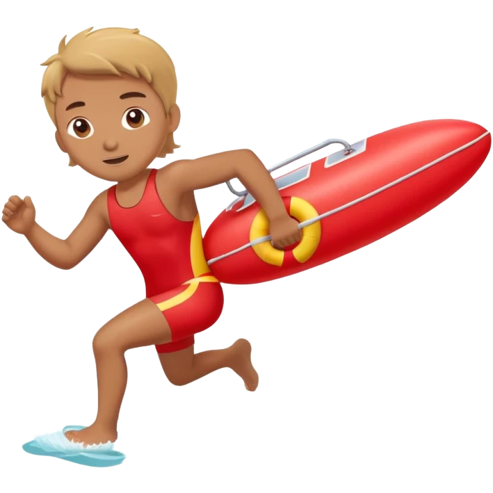 lifeguard in red swimsuit running with rescue float emoji