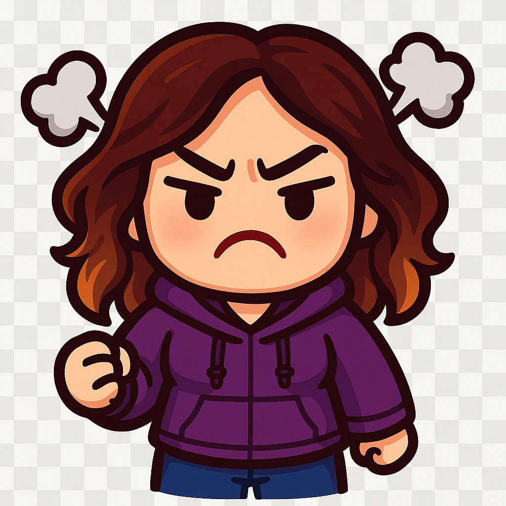 chibi emote of the woman from the reference images, wearing a purple hoodie and jeans, angry with steam puffs, no headband, no wand, transparent background emoji