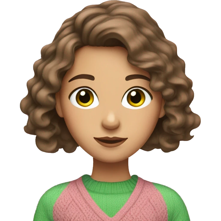 Caucasian brunette girl with wavy hair and green eyes and a pink sweater emoji
