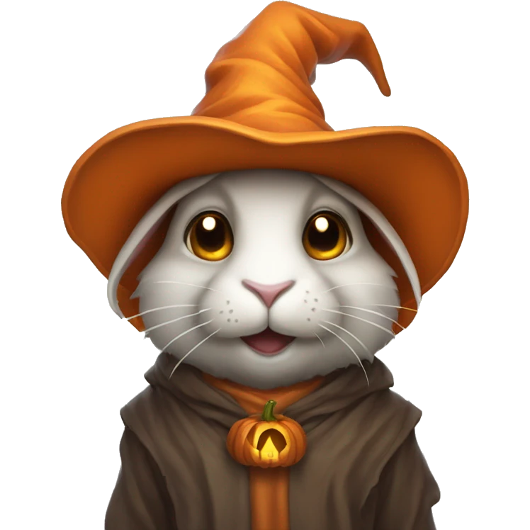 portrait of a rabbit wizard, with an orange hat and jackolantern emoji