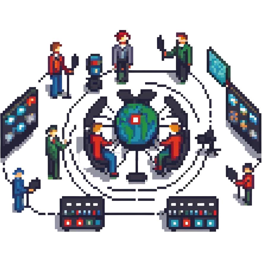 pixel art style illustration of a professional filmmaking network showing multiple cinema professionals (director, cameraman, sound engineer, editor, etc.) connected by lines or connection symbols, collaborative atmosphere, figurative style, large image emoji