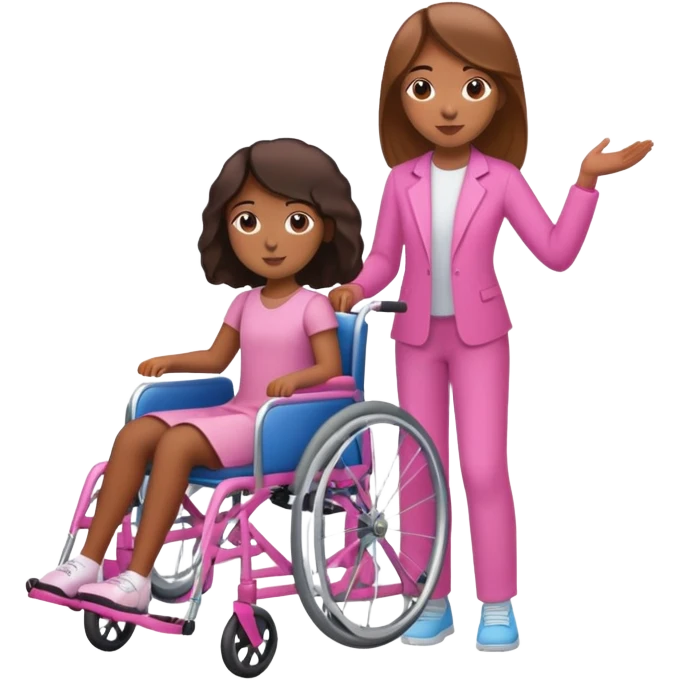 One tan skin sister standing behind her brown skin sister in a pink wheelchair emoji