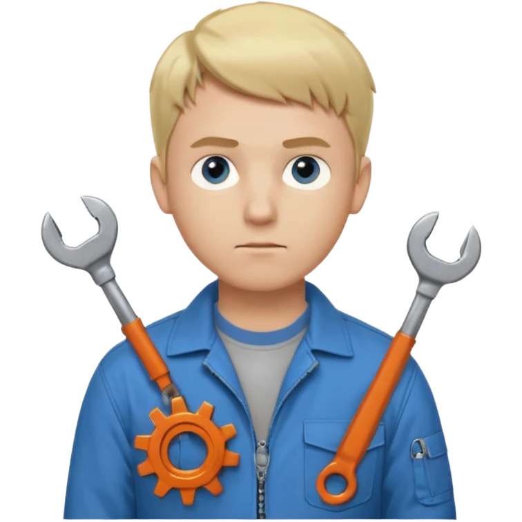 Calm and independent male technician, fair skin, short blonde hair, cool light-blue eyes, serious but composed expression, wearing a blue work jacket over a grey t-shirt, holding a wrench in one hand and a mechanical gear in the other, waist-up, front-facing emoji