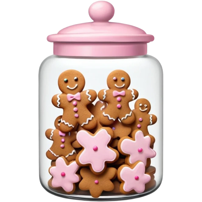 Realistic glass cookie jar with light pink lid full of gingerbread cookies isolated.  emoji
