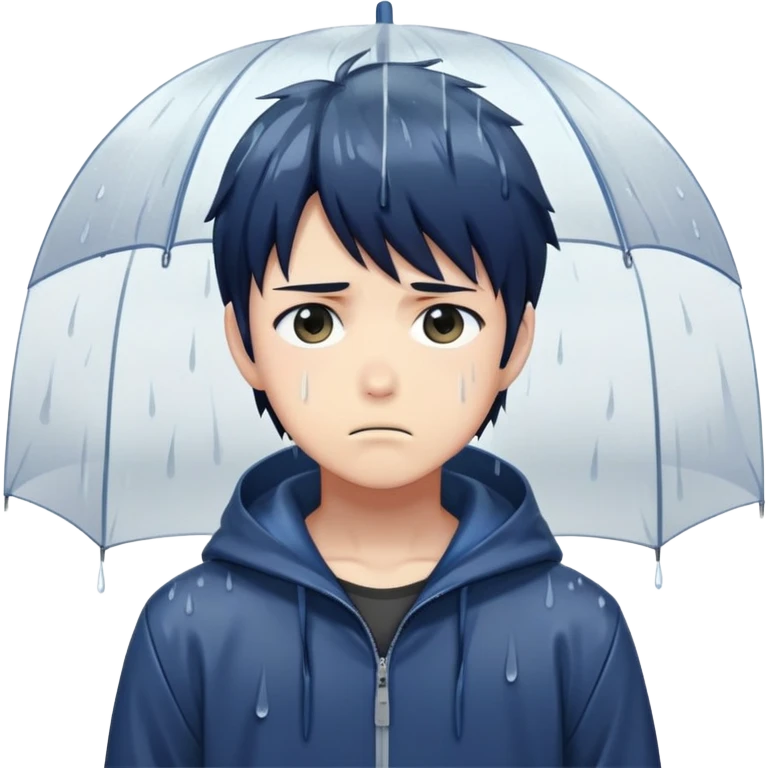 Anime character boy with sad expression standing in the rain, anime art style emoji