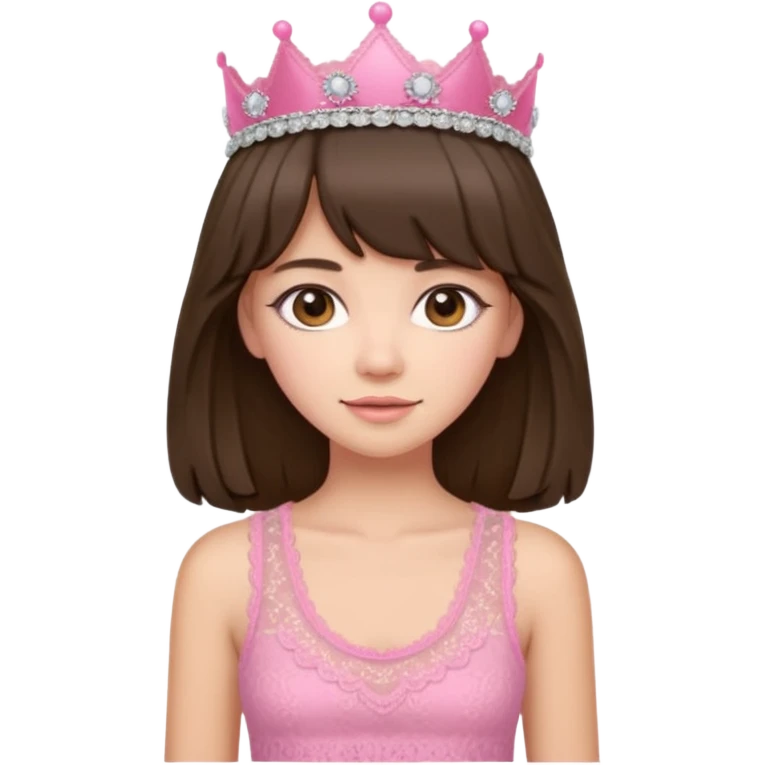 super long haired brunette with middle part curtain bangs cute pink lacy tank with a pink tiara on head, white but with a little bit of tan emoji