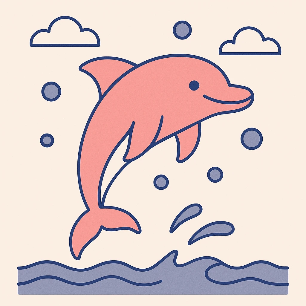 smiling pink dolphin jumping through bubbles, urban cartoon style emoji