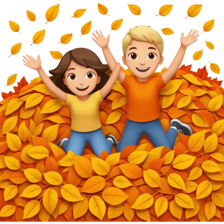 two children mid-air above a big pile of orange and yellow leaves, smiling faces emoji