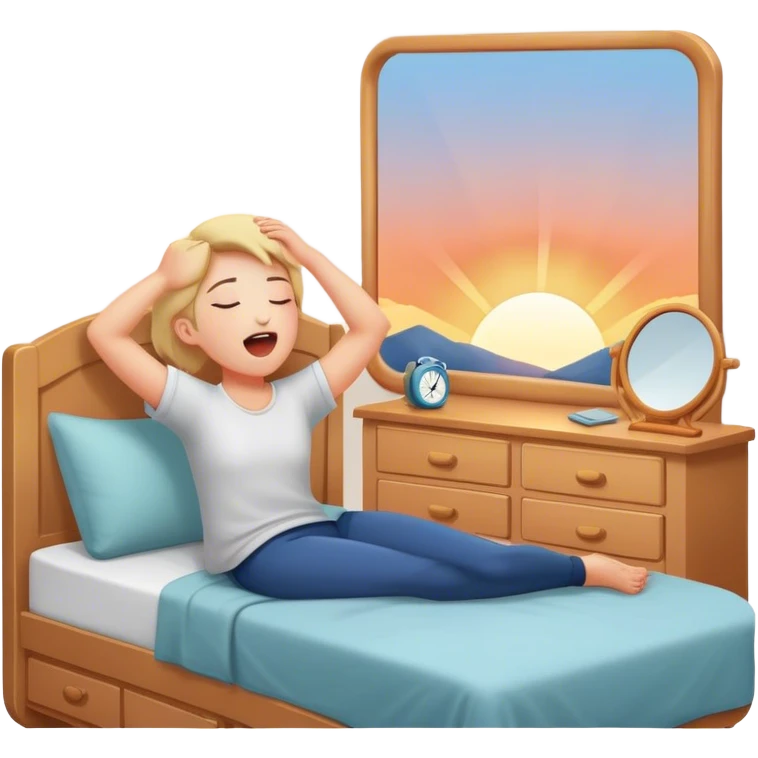 A person stands beside their bed, rolling out groggily with determination. The bed behind them is neatly made, a mirror in front of them . A glowing sunrise outside signals the start of a productive day. emoji