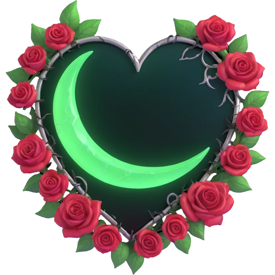 gothic heart made of obsidian glass, silver crescent moon, glowing crimson roses, holographic stardust, neon green lightning, wet and cracked glass emoji