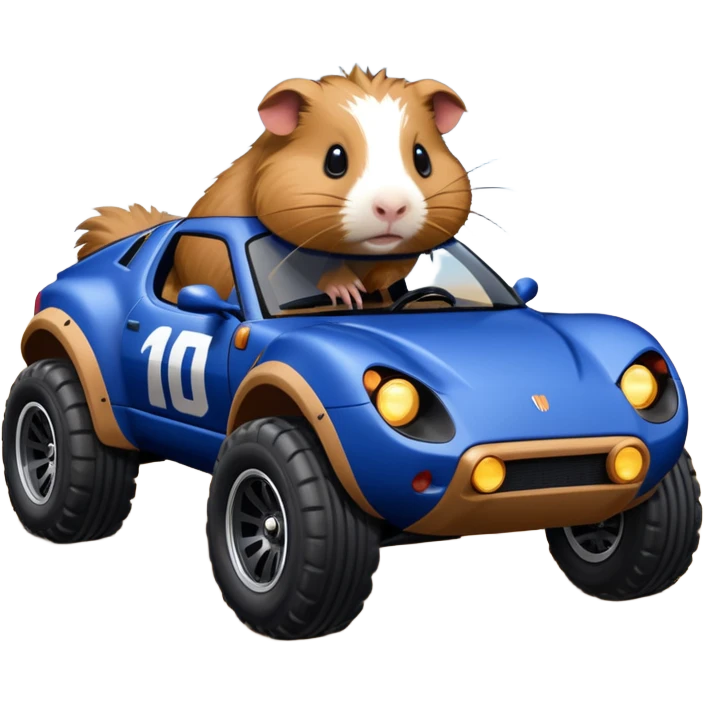 Dirty Joke’s Midnight-blue Local Motors Rally Fighter off road race car being driven by a five foot tall Guinea pig  emoji