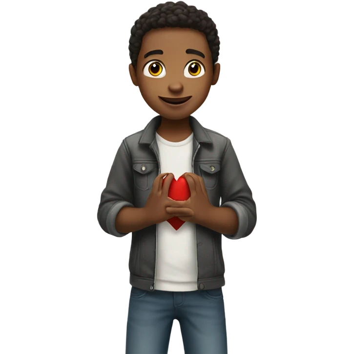 the boy shows his heart with his fingers emoji