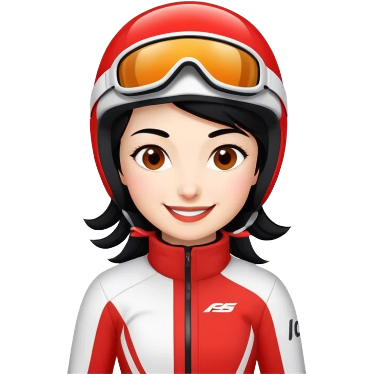 Ski racer downhill woman red white dress black hair smiling emoji