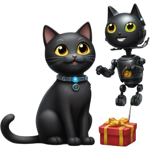 Happy Black Cat with Toy Robot emoji